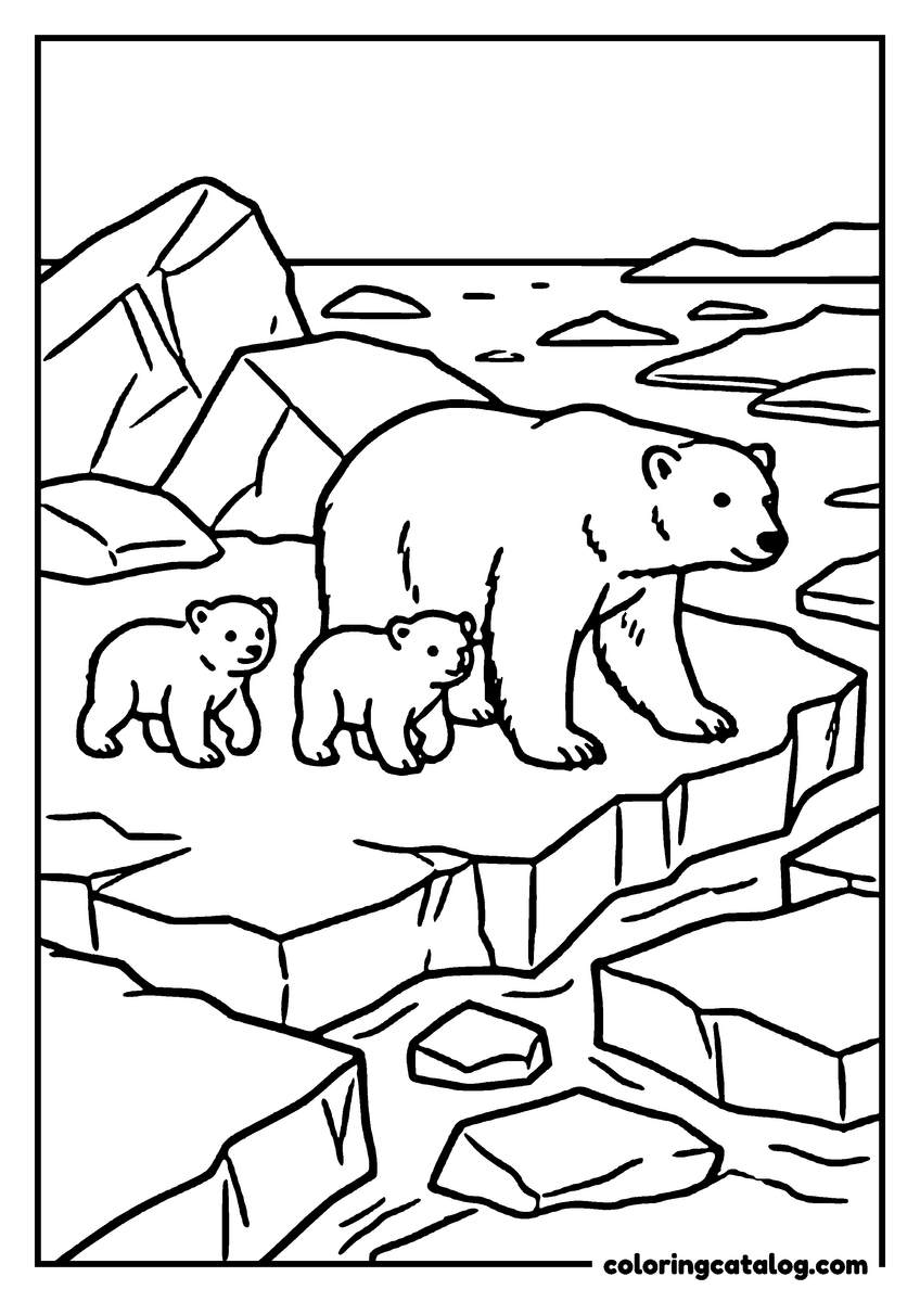 Winter coloring page: A polar bear walking a ridge of broken pack ice with two cubs following, the blocks tilted around them and water between