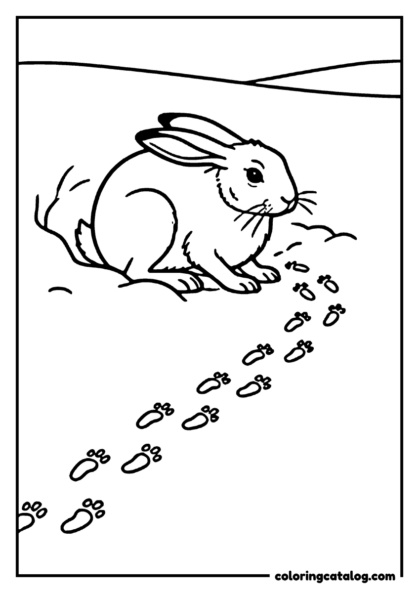 Printable Winter coloring page: A rabbit crouched in the snow with its ears laid back, a long line of paired prints leading away across the drift