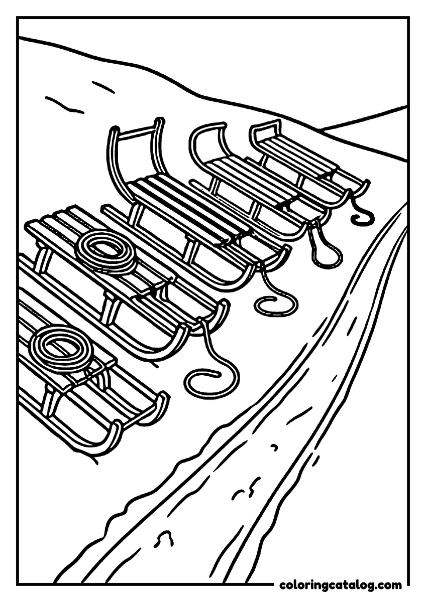 Printable Winter coloring page: A row of wooden sledges parked at the top of a hill with their ropes coiled and a single track running away downhill