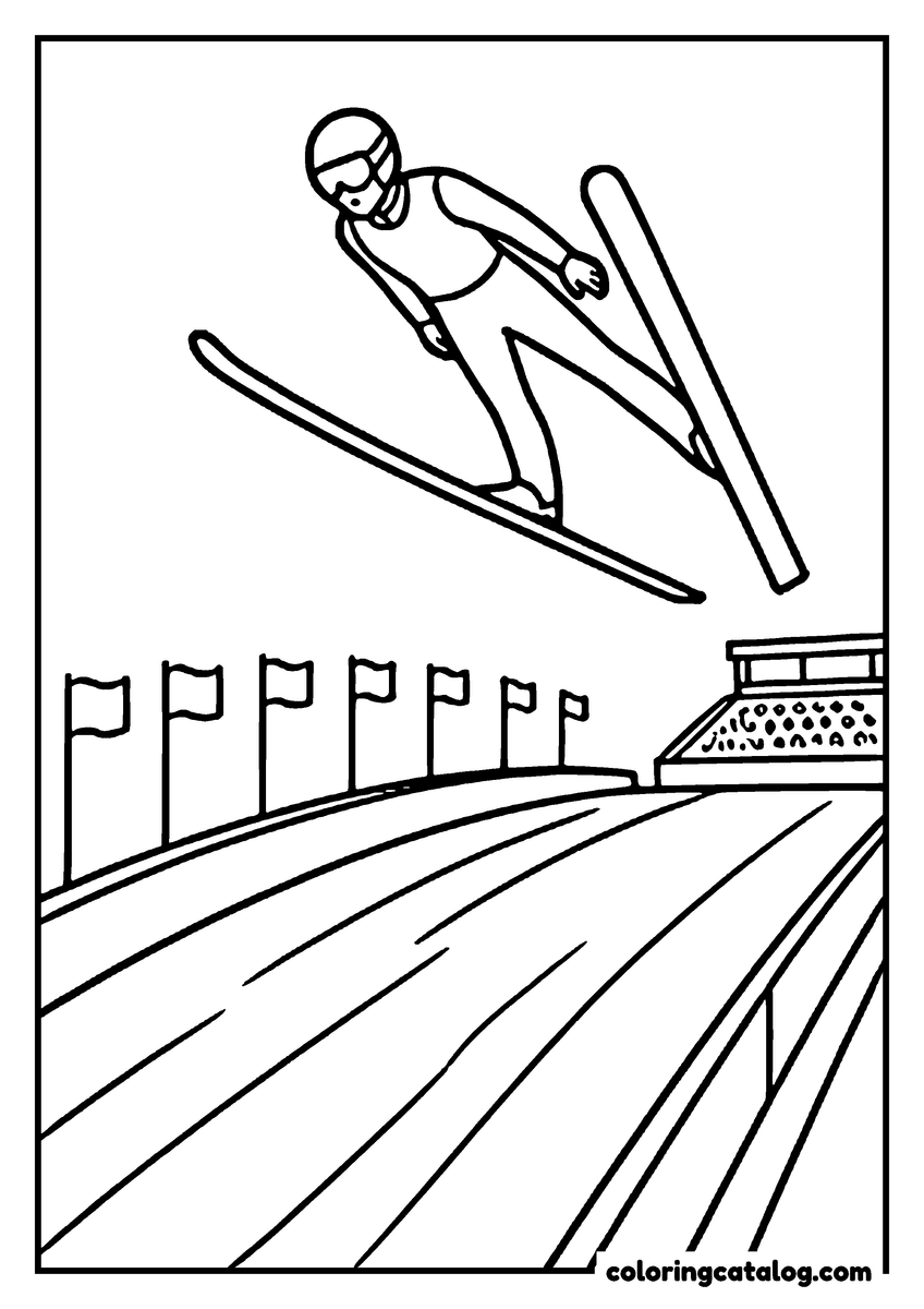Free Winter coloring sheet: A ski jumper in flight with the skis crossed in a wide V, a row of plain flags along the slope and a judges tower to one side