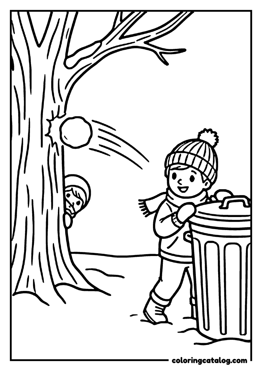 Printable Winter coloring page: A child throwing a snowball from behind a tree trunk while another ducks behind a bin lid held up as a shield