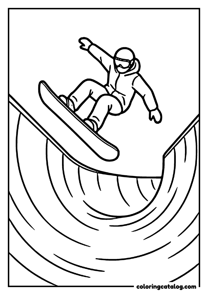 Free Winter coloring sheet: A snowboarder above the lip of a halfpipe with one hand on the board, the curved wall of packed snow drawn beneath