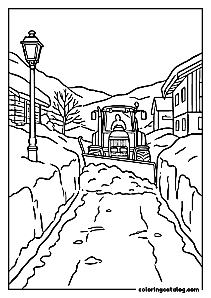Free Winter coloring sheet: A tractor with a plough blade pushing snow into walls along a village lane, a street lamp above and houses on both sides
