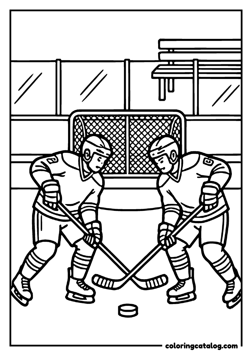 Winter coloring page: Two ice hockey players crouched over the puck with their sticks crossed, a goal net and the boards behind them