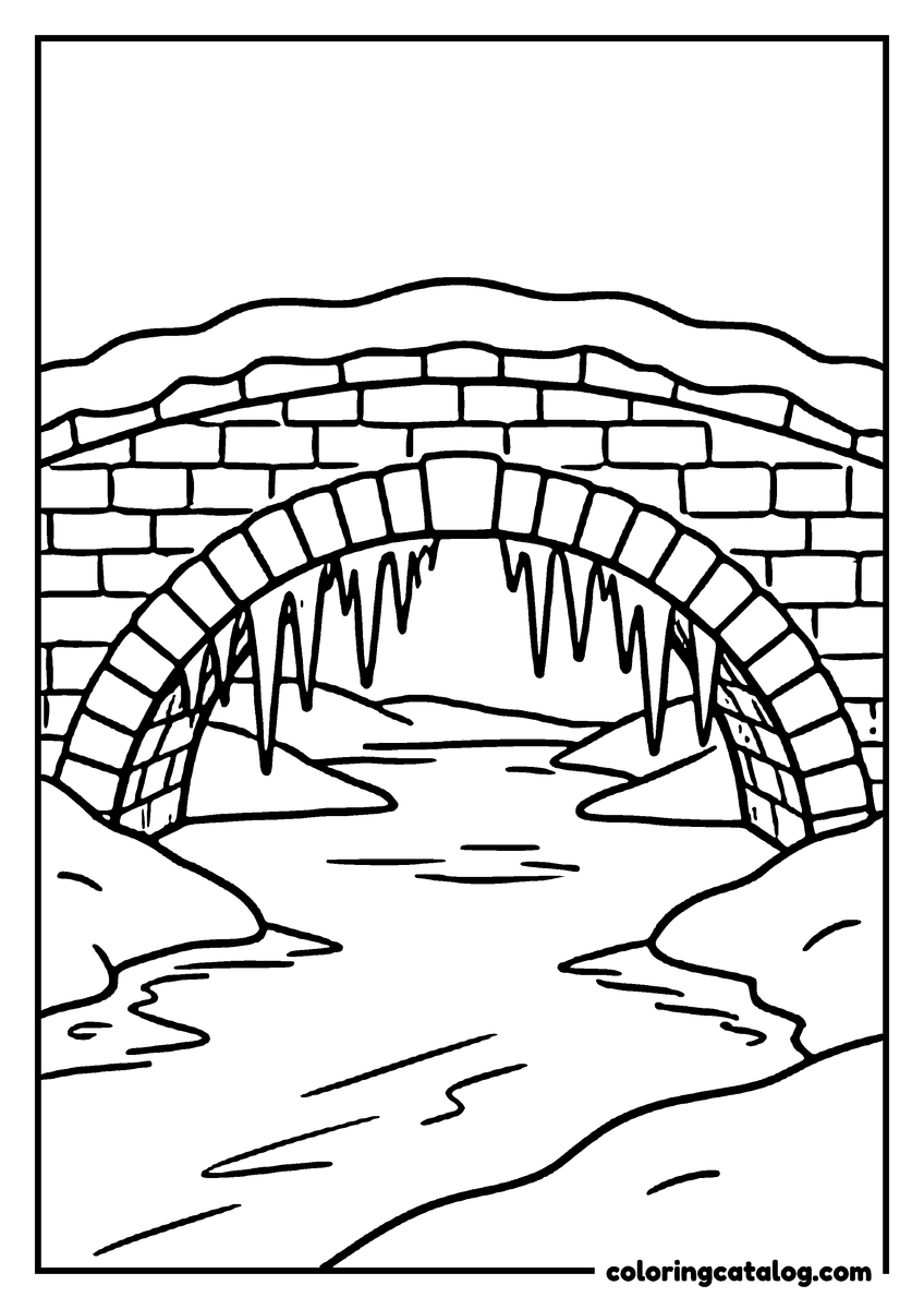 Winter coloring page: A stone bridge over a frozen stream with icicles hanging in a fringe under the arch and snow along the parapet