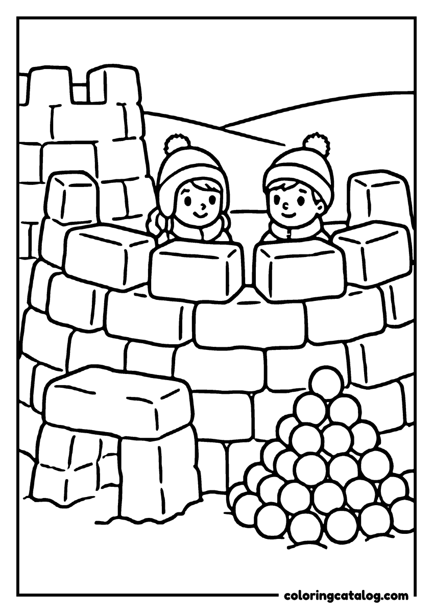 Printable Winter coloring page: Two children looking over the wall of a fort built from snow blocks, a pyramid of snowballs stacked ready beside them