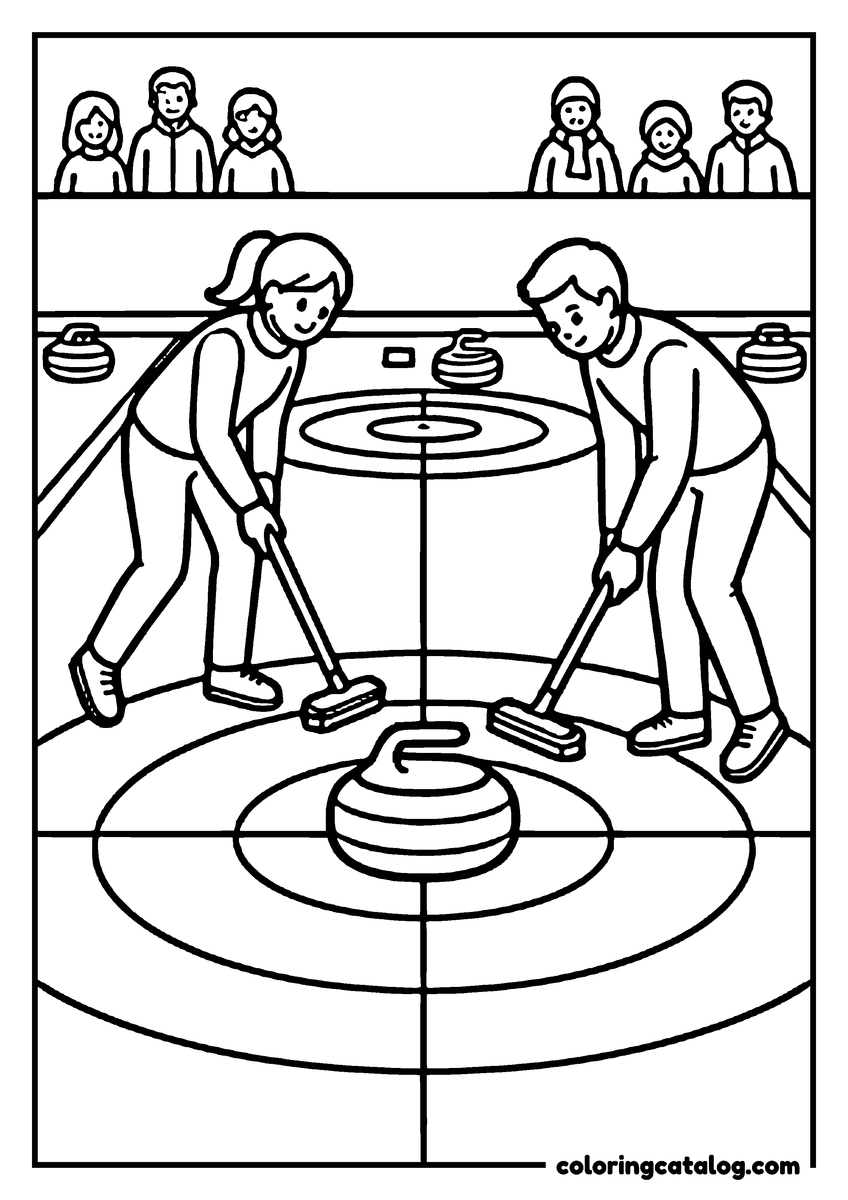 Free Winter coloring sheet: Two curlers brushing the ice ahead of a sliding stone, the target rings spread across the sheet and spectators along the rail