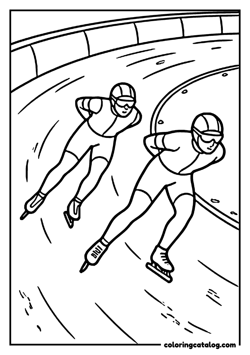 Winter coloring page: Two speed skaters leaning into a long bend with one hand behind the back, the banked ice curving away behind them