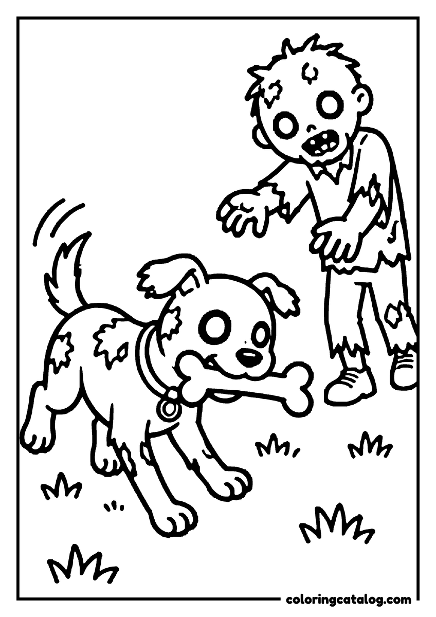 Zombie coloring page of a zombie puppy running with a bone while a zombie walks behind