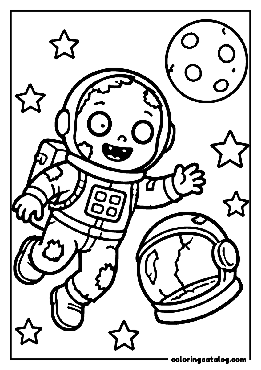 Zombie coloring page of a cute zombie astronaut floating among stars and the moon
