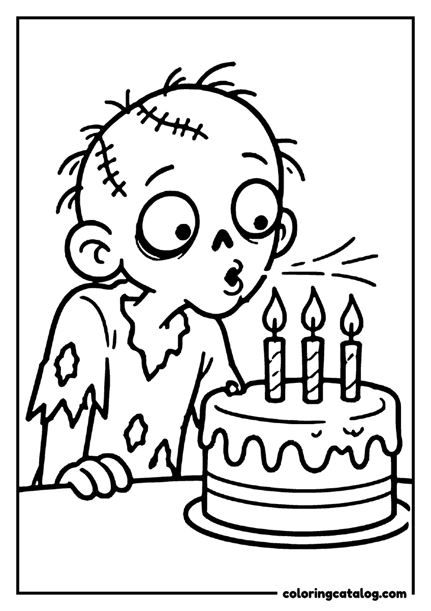 Zombie coloring page of a cute zombie blowing out the candles on a birthday cake