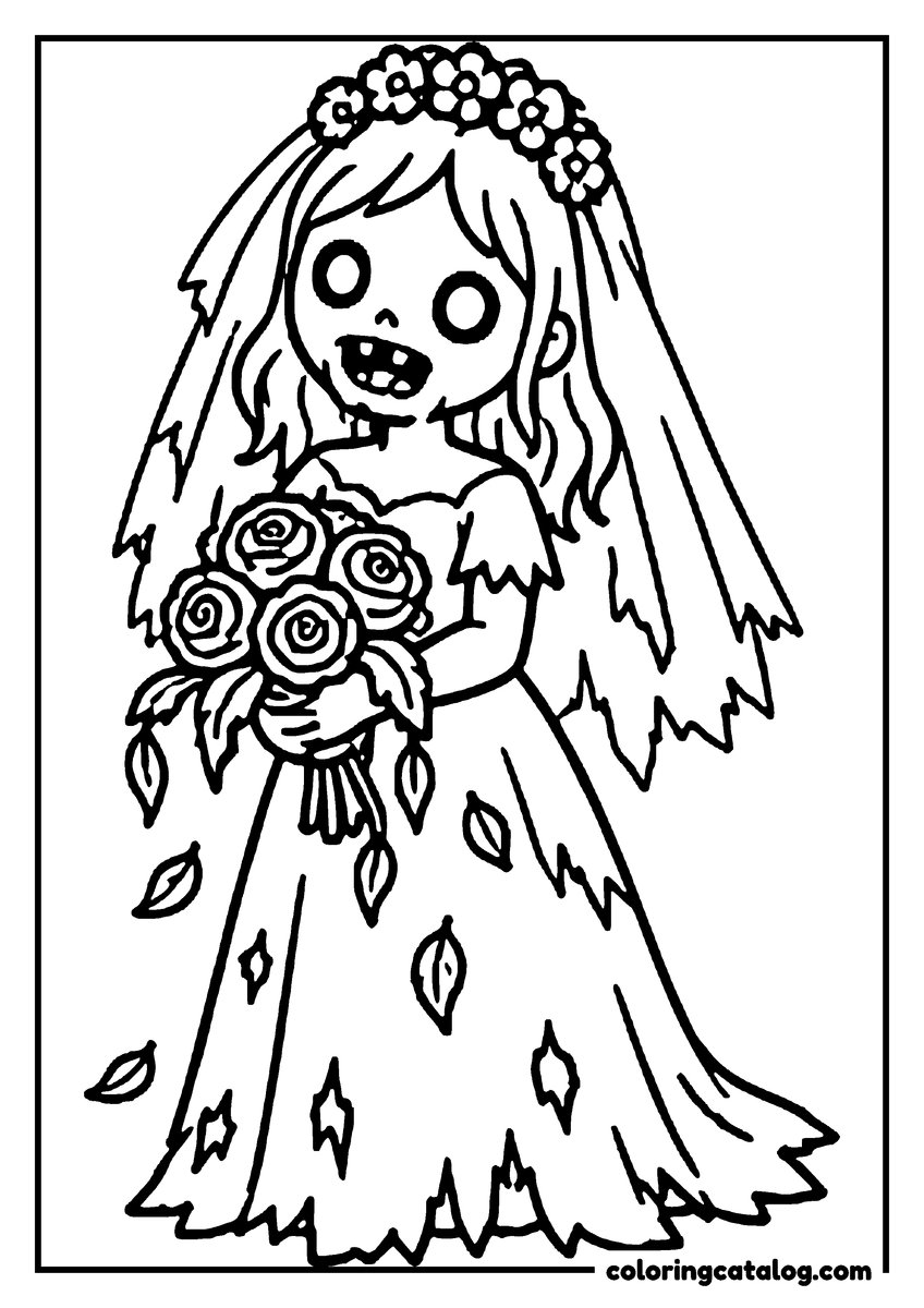 Zombie coloring page of a cute zombie bride holding a bouquet of roses