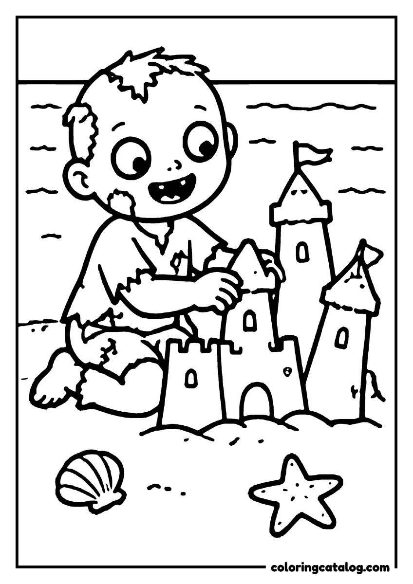Zombie coloring page of a cute zombie building a sandcastle on the beach