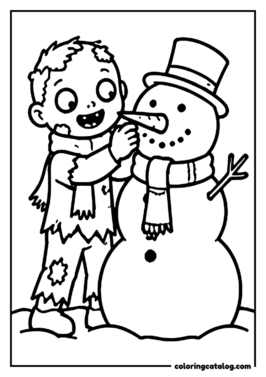 Zombie coloring page of a cute zombie putting a scarf on a snowman