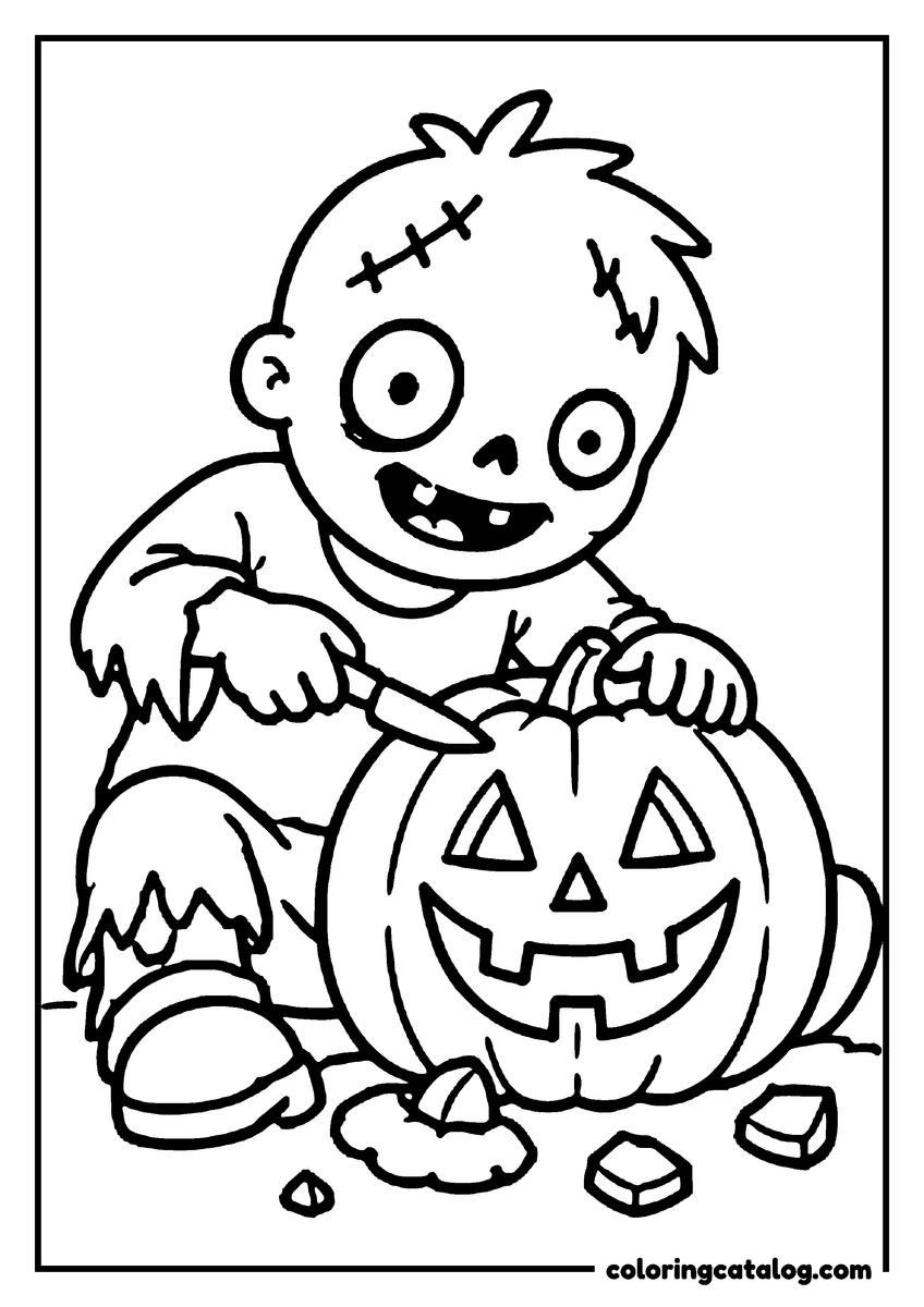 Zombie coloring page of a cute zombie carving a smiling jack o'lantern