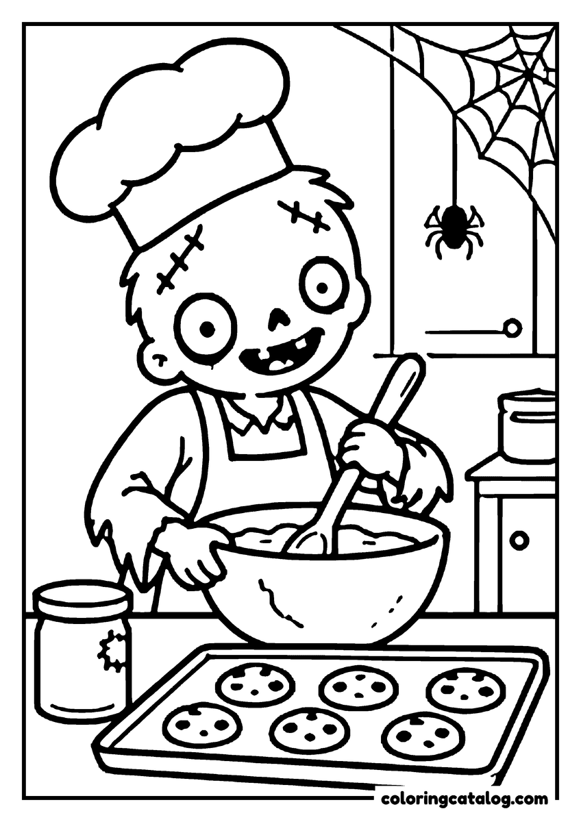 Zombie coloring page of a cute zombie chef mixing cookie dough next to a tray of cookies