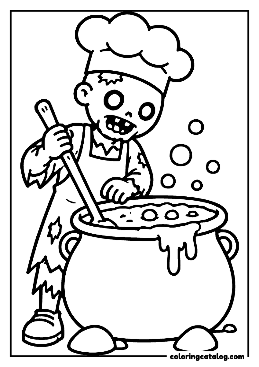 Zombie coloring page of a cute zombie chef stirring a bubbling cauldron