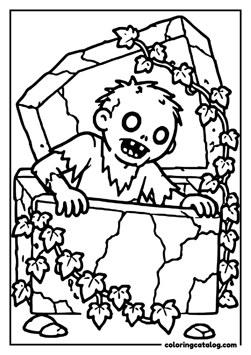 Zombie coloring page of a cute zombie climbing out of an ivy covered stone tomb