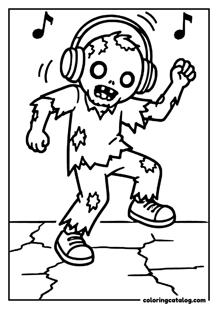 Zombie coloring page of a cute zombie dancing with headphones among music notes