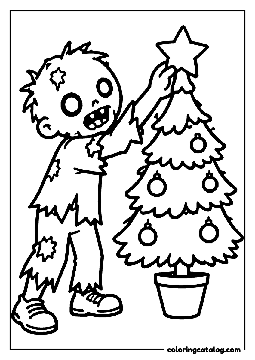 Zombie coloring page of a cute zombie putting a star on top of a Christmas tree