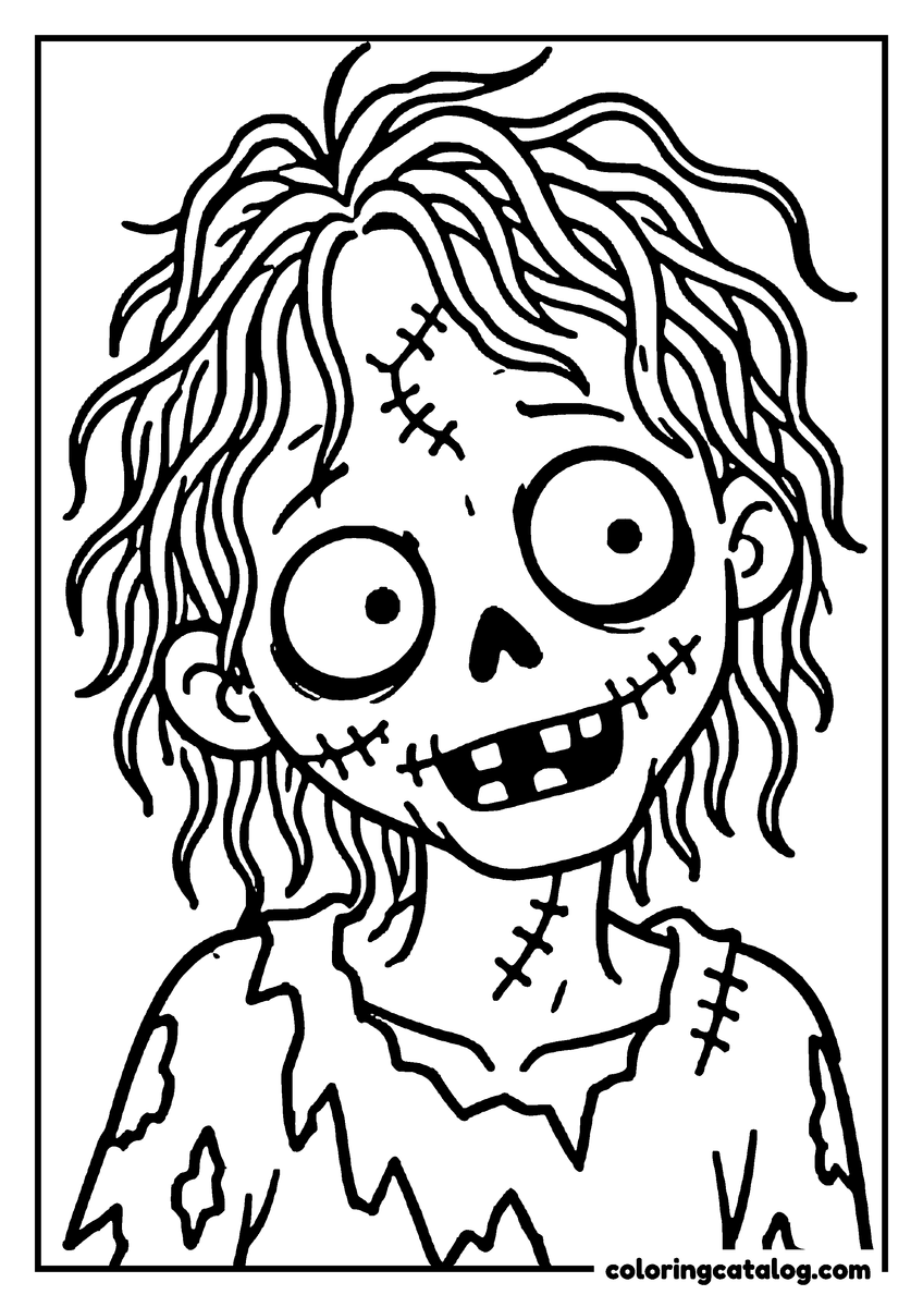 Zombie coloring page of a big face portrait of a smiling zombie with stitches and messy hair