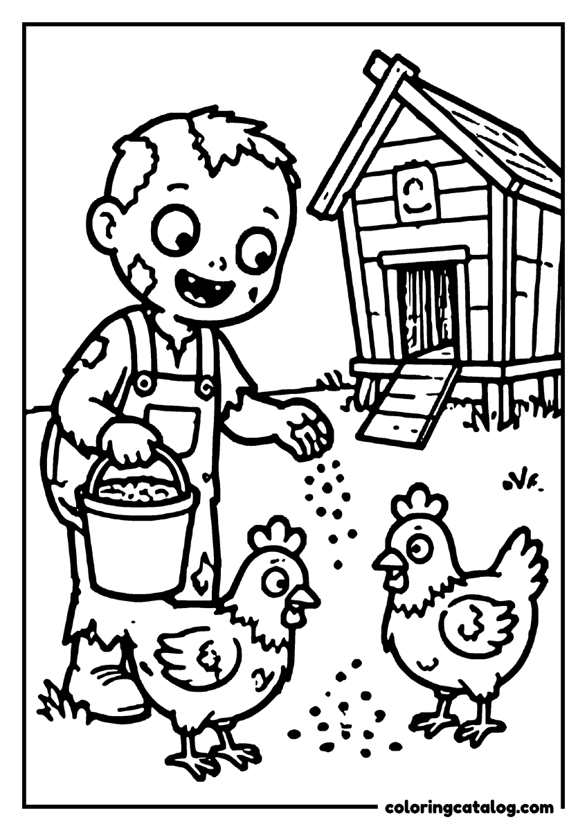 Zombie coloring page of a cute zombie farmer feeding chickens beside a chicken coop