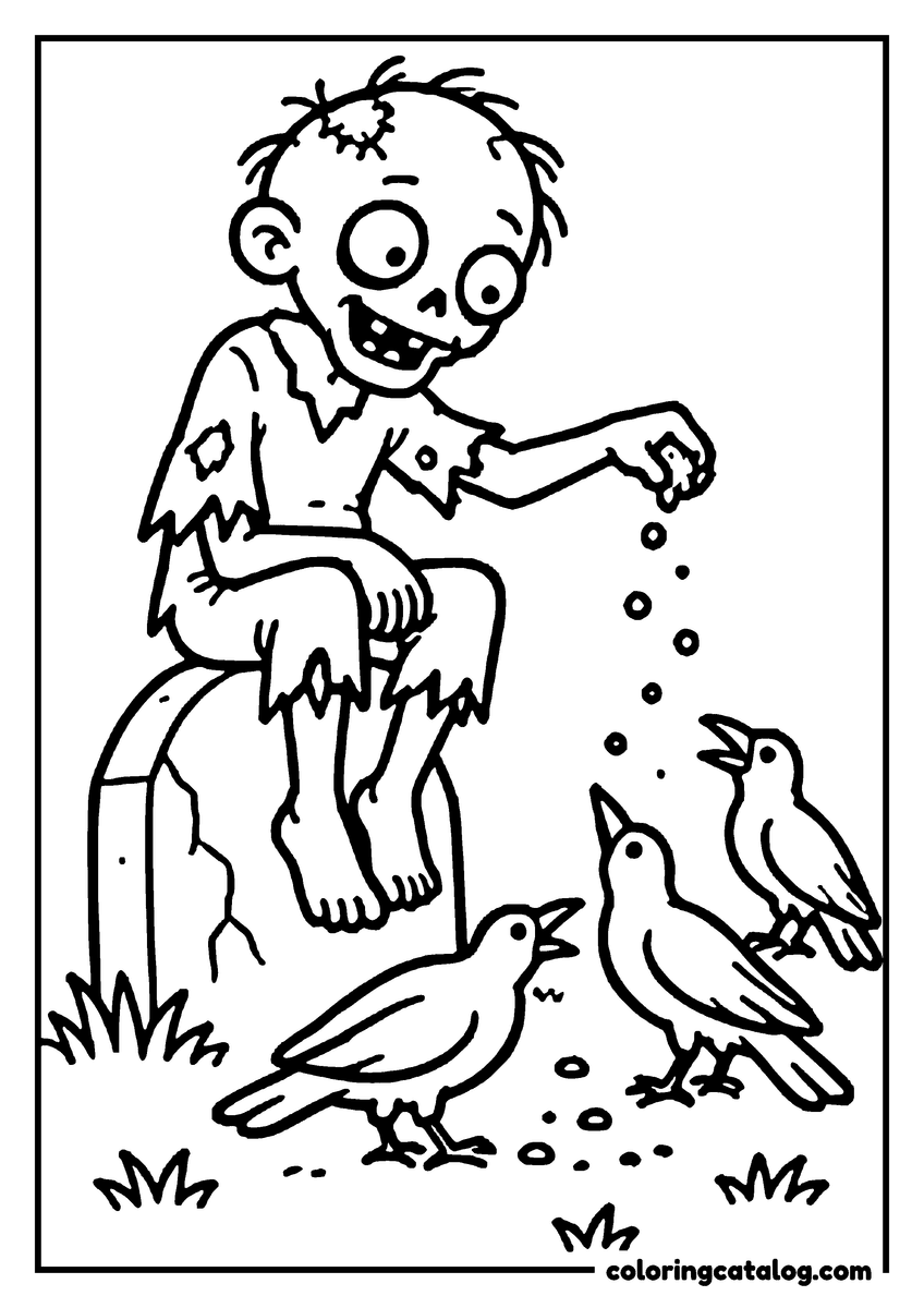 Zombie coloring page of a cute zombie sitting on a tombstone feeding crows