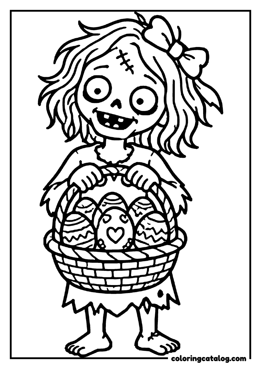 Zombie coloring page of a cute zombie girl holding a basket of Easter eggs
