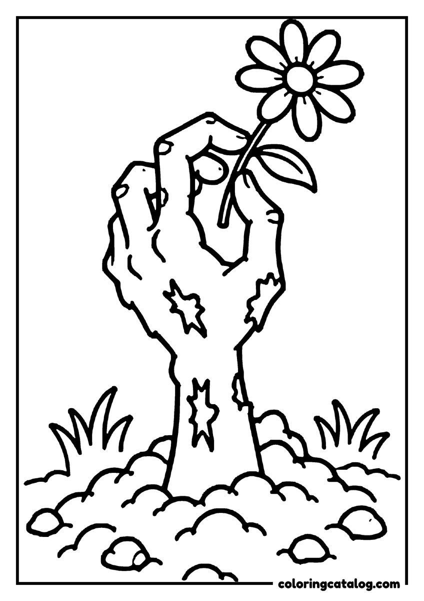 Zombie coloring page of a zombie hand rising from the ground holding a daisy
