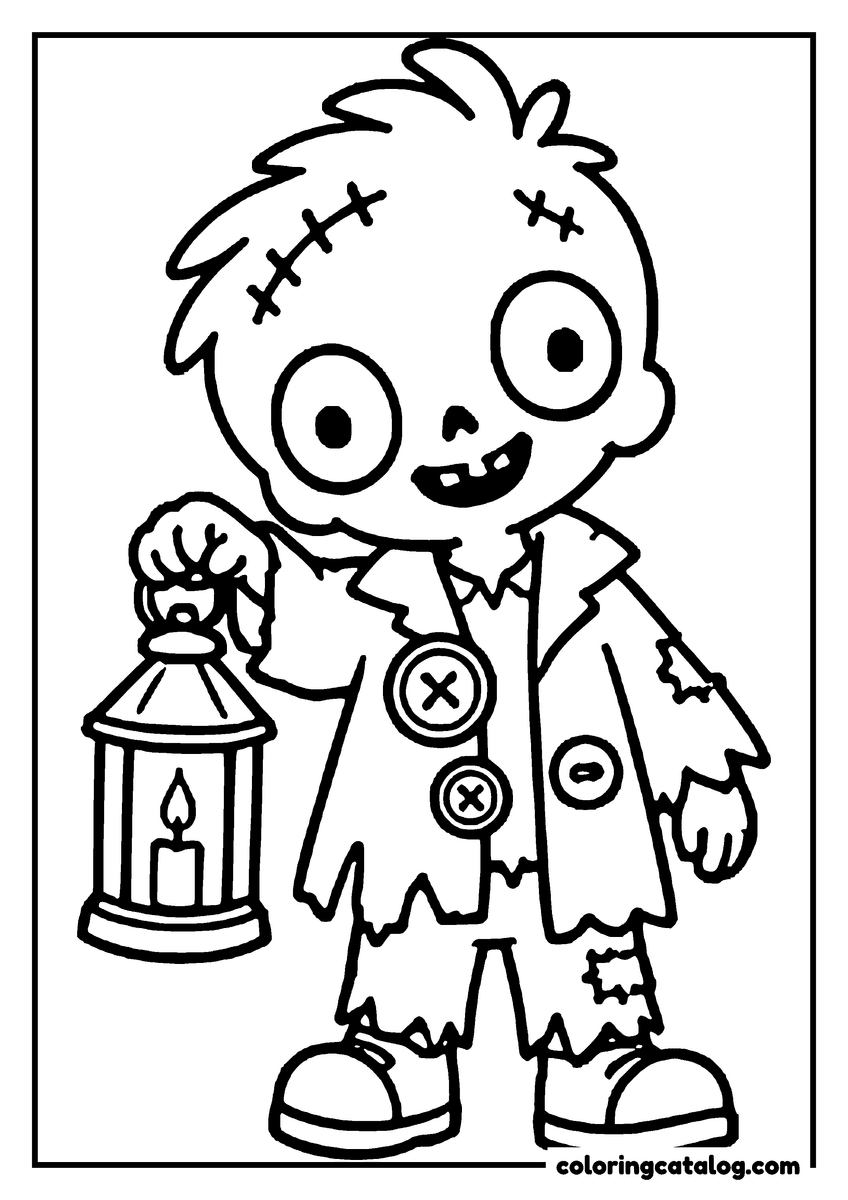 Zombie coloring page of a cute zombie holding up a candle lantern