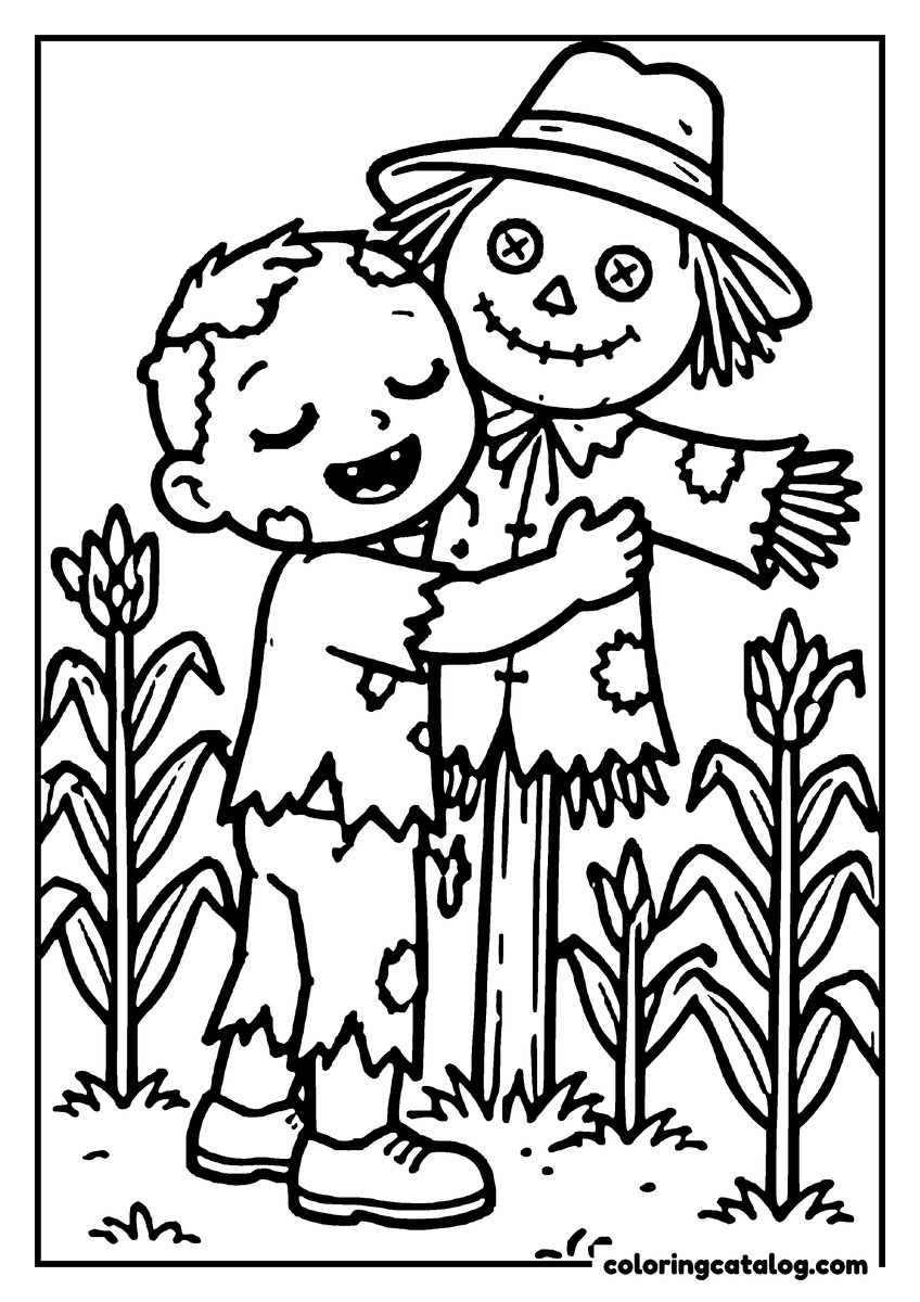 Zombie coloring page of a cute zombie hugging a scarecrow in a cornfield