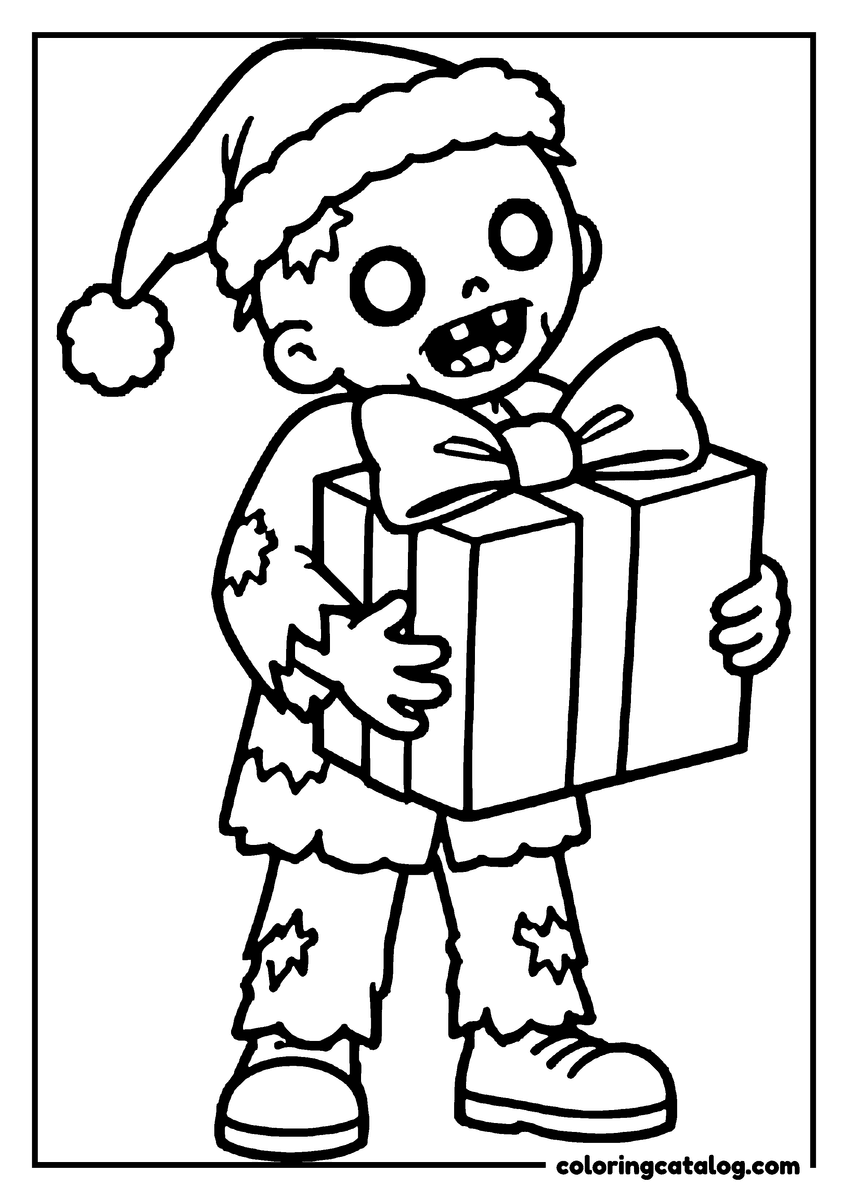 Zombie coloring page of a cute zombie in a Santa hat carrying a big present