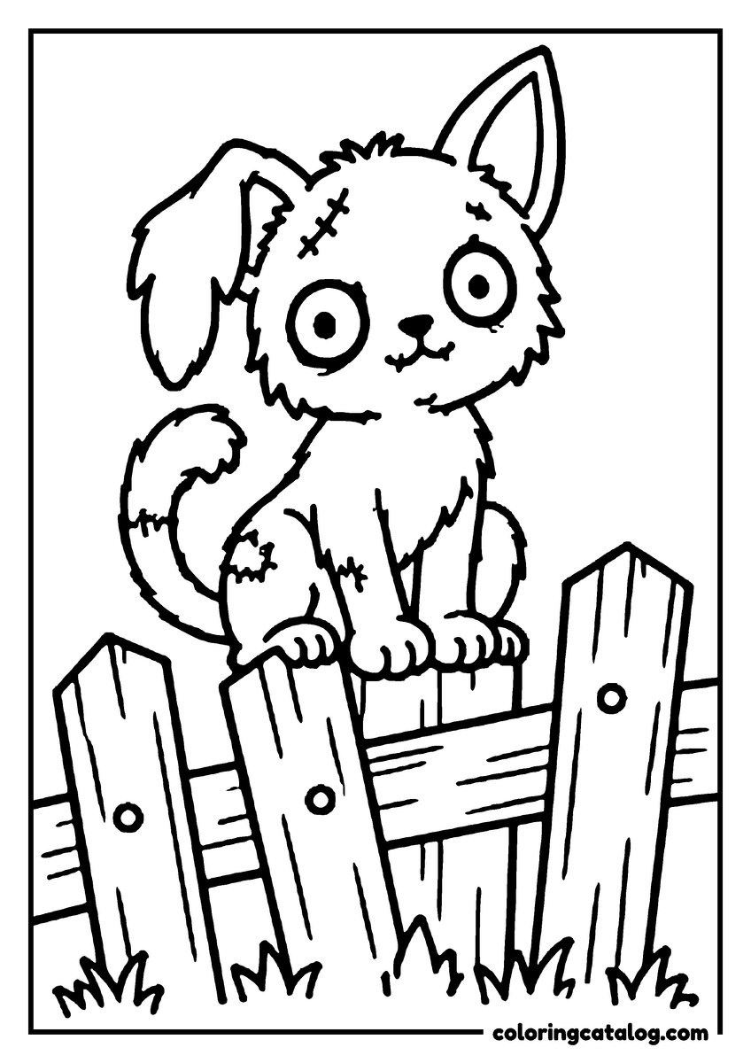 Zombie coloring page of a stitched zombie kitten sitting on a wooden fence