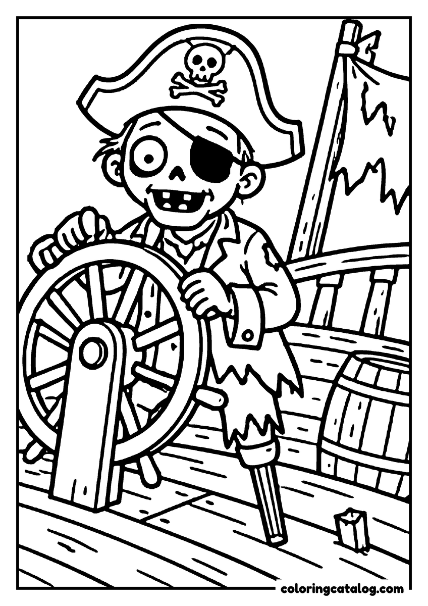 Zombie coloring page of a cute zombie pirate with an eye patch steering a ship wheel
