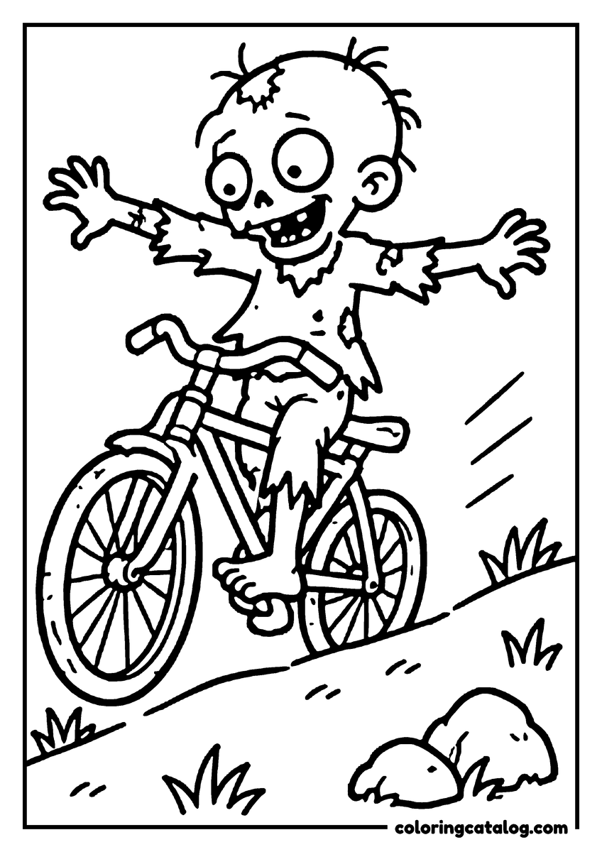 Zombie coloring page of a cute zombie riding a bike downhill with arms out