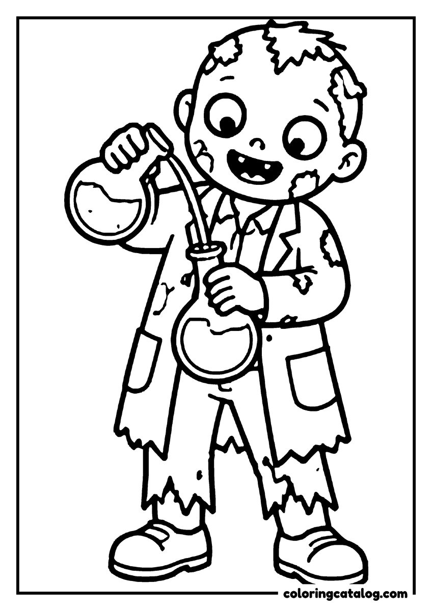 Zombie coloring page of a cute zombie scientist pouring a potion between two flasks
