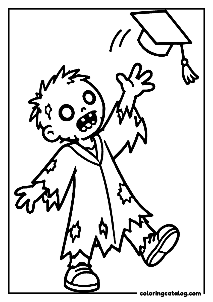 Zombie coloring page of a cute zombie in a gown throwing a graduation cap in the air