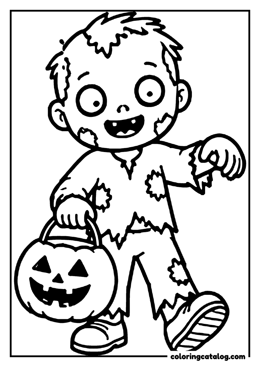 Zombie coloring page of a cute zombie walking with a jack o'lantern candy bucket