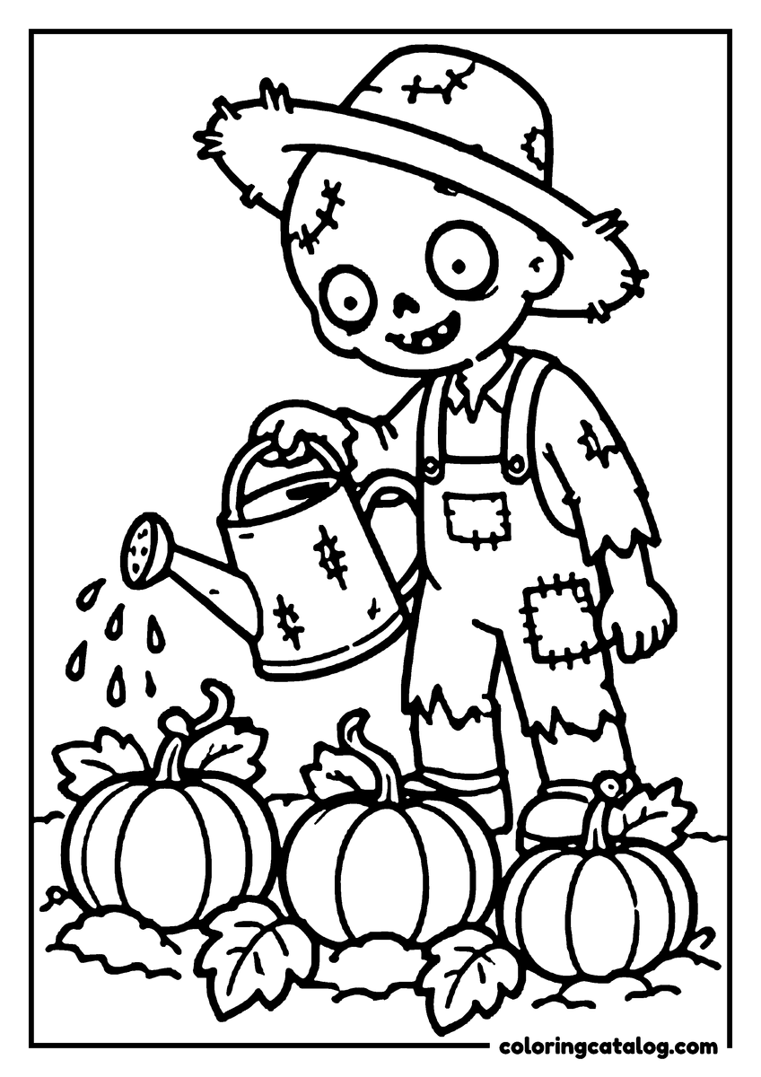 Zombie coloring page of a cute zombie in a straw hat watering a pumpkin patch
