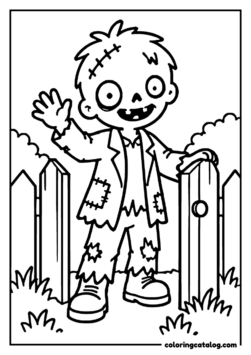 Zombie coloring page of a cute zombie waving at an open garden gate