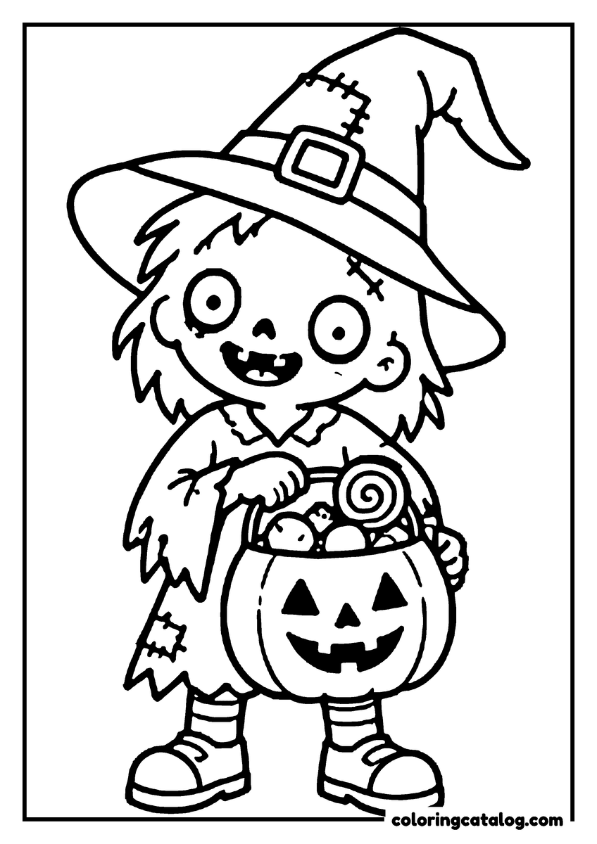 Zombie coloring page of a cute zombie girl in a witch hat holding a pumpkin candy bucket
