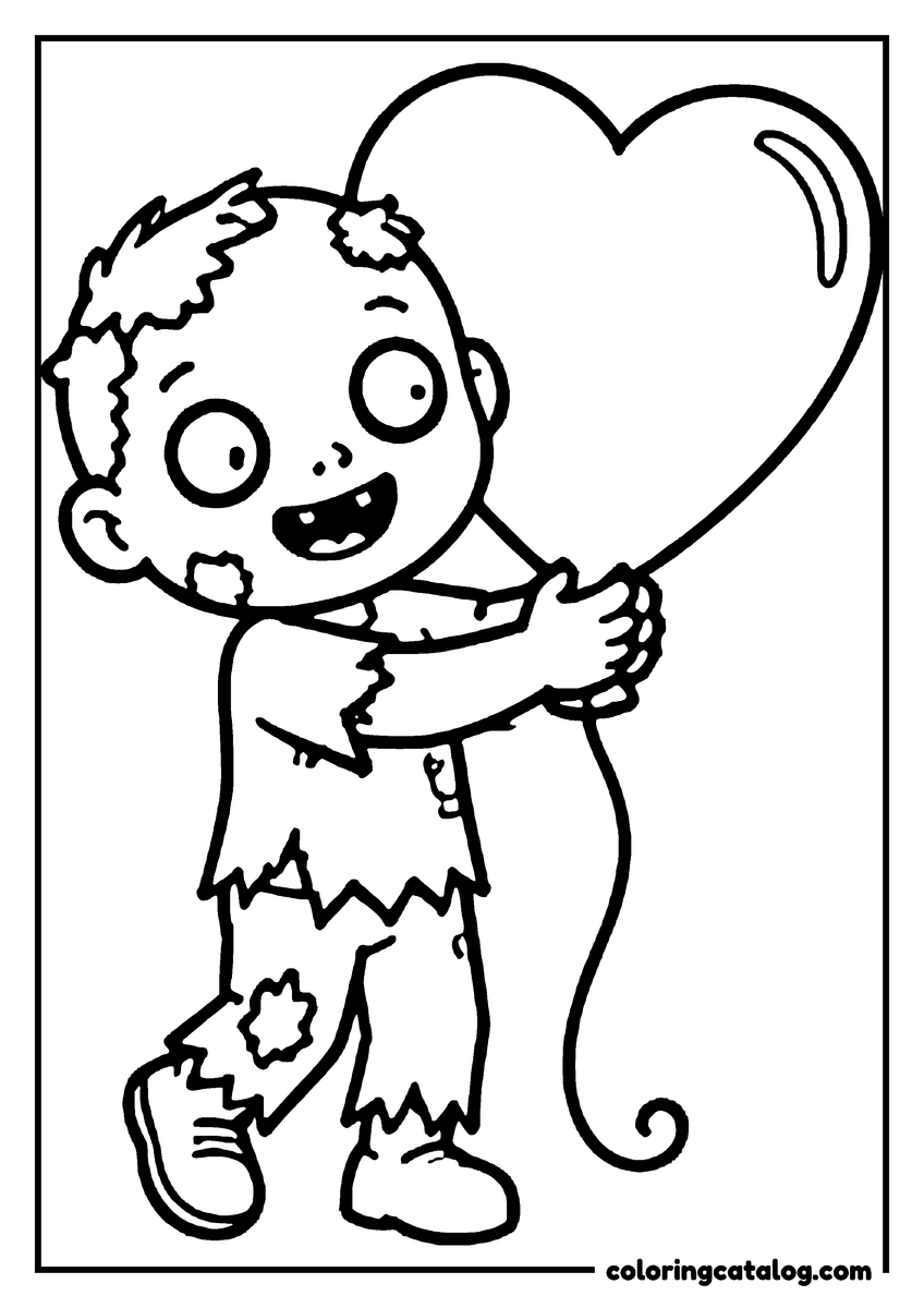 Zombie coloring page of a cute zombie holding a big heart balloon