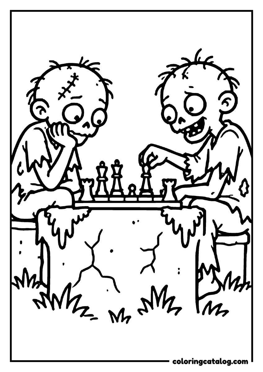 Zombie coloring page of two zombies playing chess on a stone table