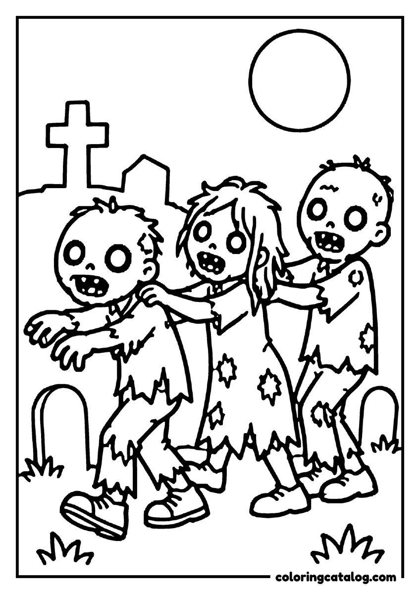 Zombie coloring page of three zombies walking arm in arm through a graveyard under a full moon