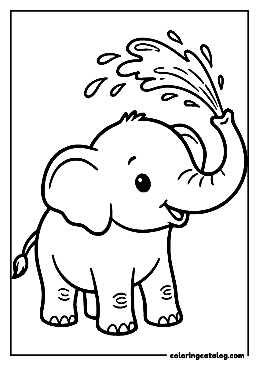 Free Zoo coloring sheet: A round young elephant lifting its trunk to spray an arc of water droplets, plain background