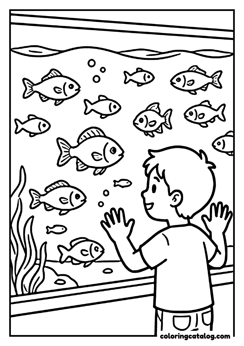 Zoo coloring page: A boy with both palms on the glass watching a shoal of fish drift past