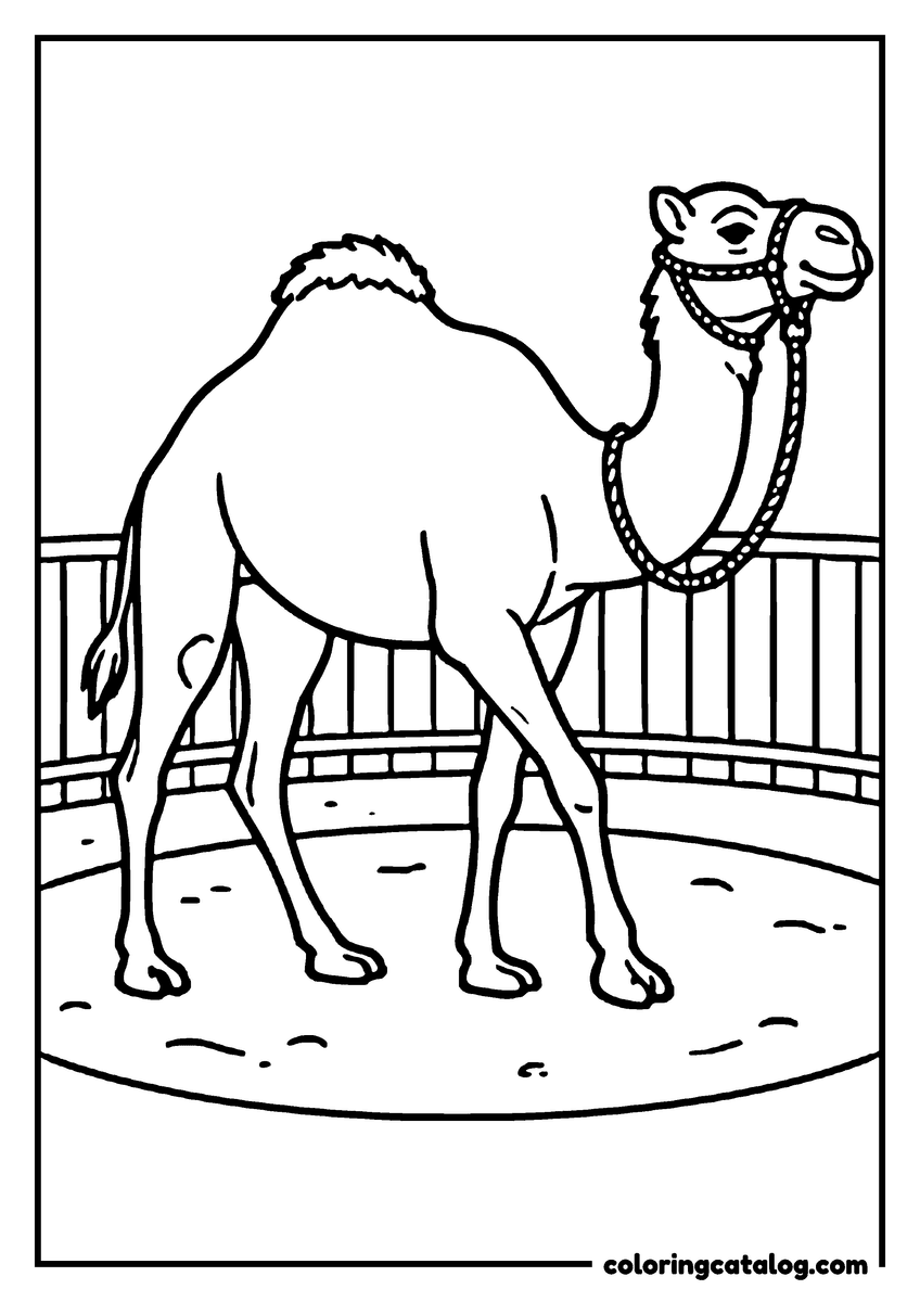 Zoo coloring page: A single humped camel wearing a bridle walking across a sandy yard behind a low fence