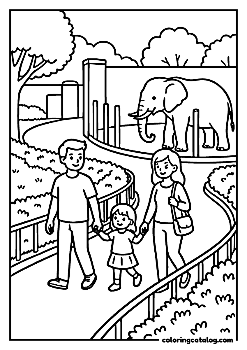 Printable Zoo coloring page: A mother, a father and a small girl walking a winding path past an elephant enclosure