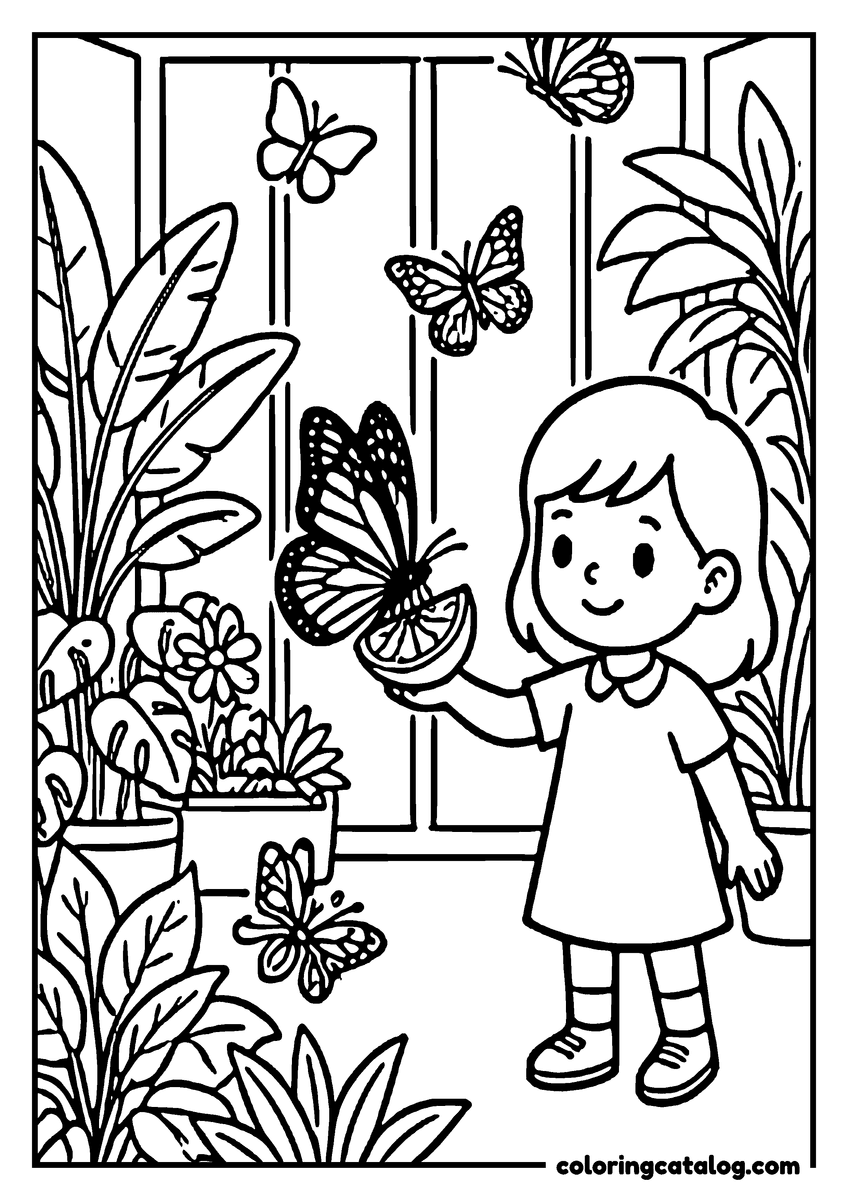 Free Zoo coloring sheet: A girl holding up a slice of fruit while butterflies settle around her among tall leaves