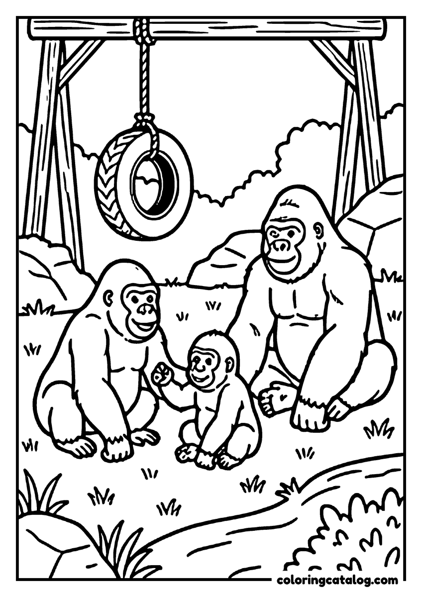 Free Zoo coloring sheet: An adult gorilla, a mother and a baby on the grass beneath a tyre hung from a wooden frame